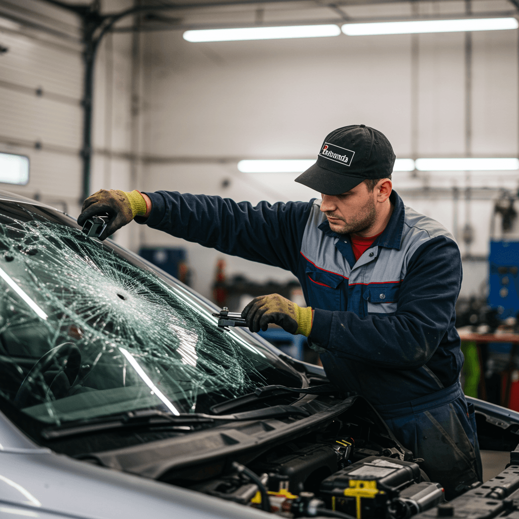 Mobile windshield technician installing new glass on a car in Oldsmar driveway
