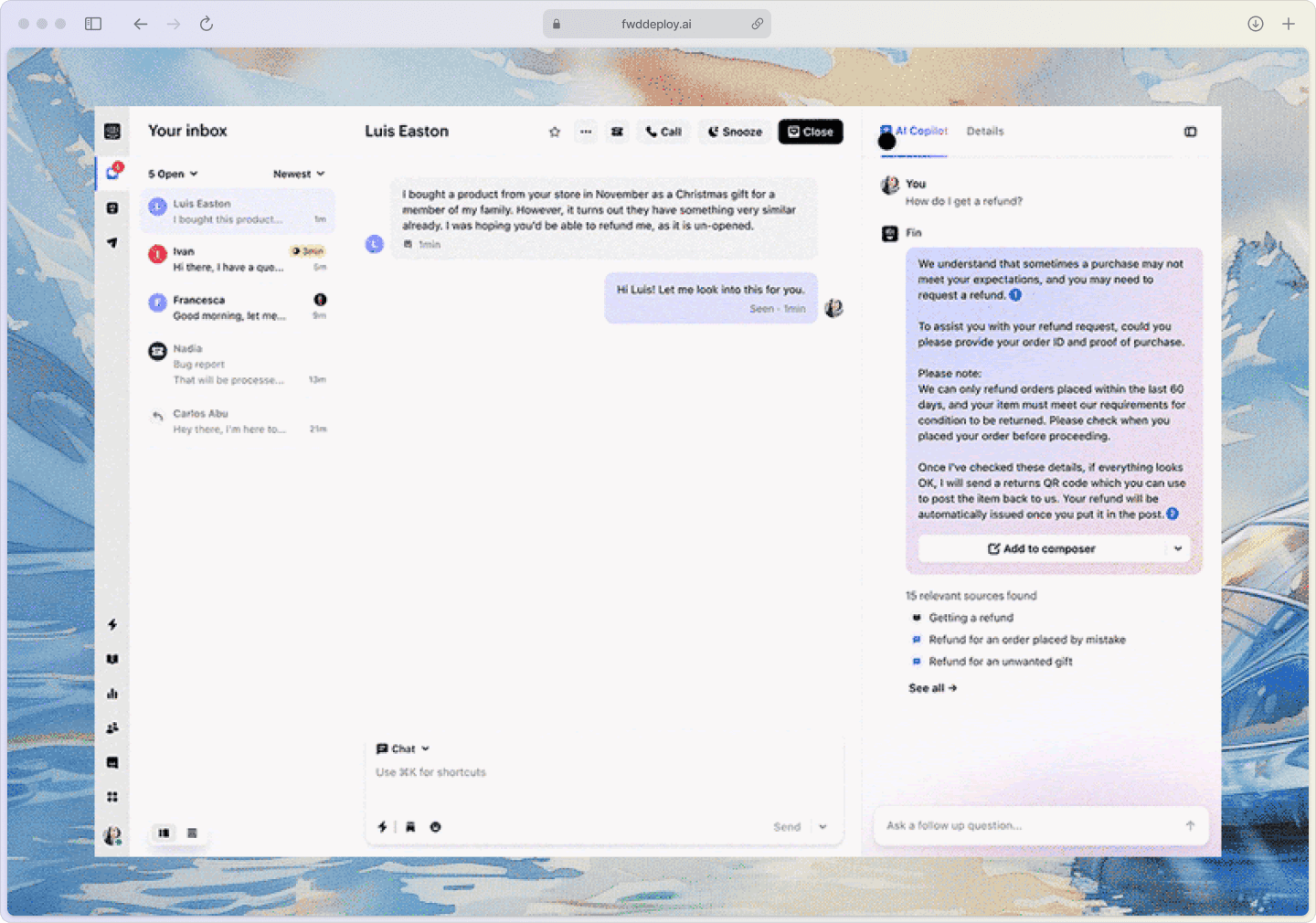 Intercom agent workspace displaying AI Copilot panel with AI-generated response suggestions, related knowledge base articles, and customer context information.