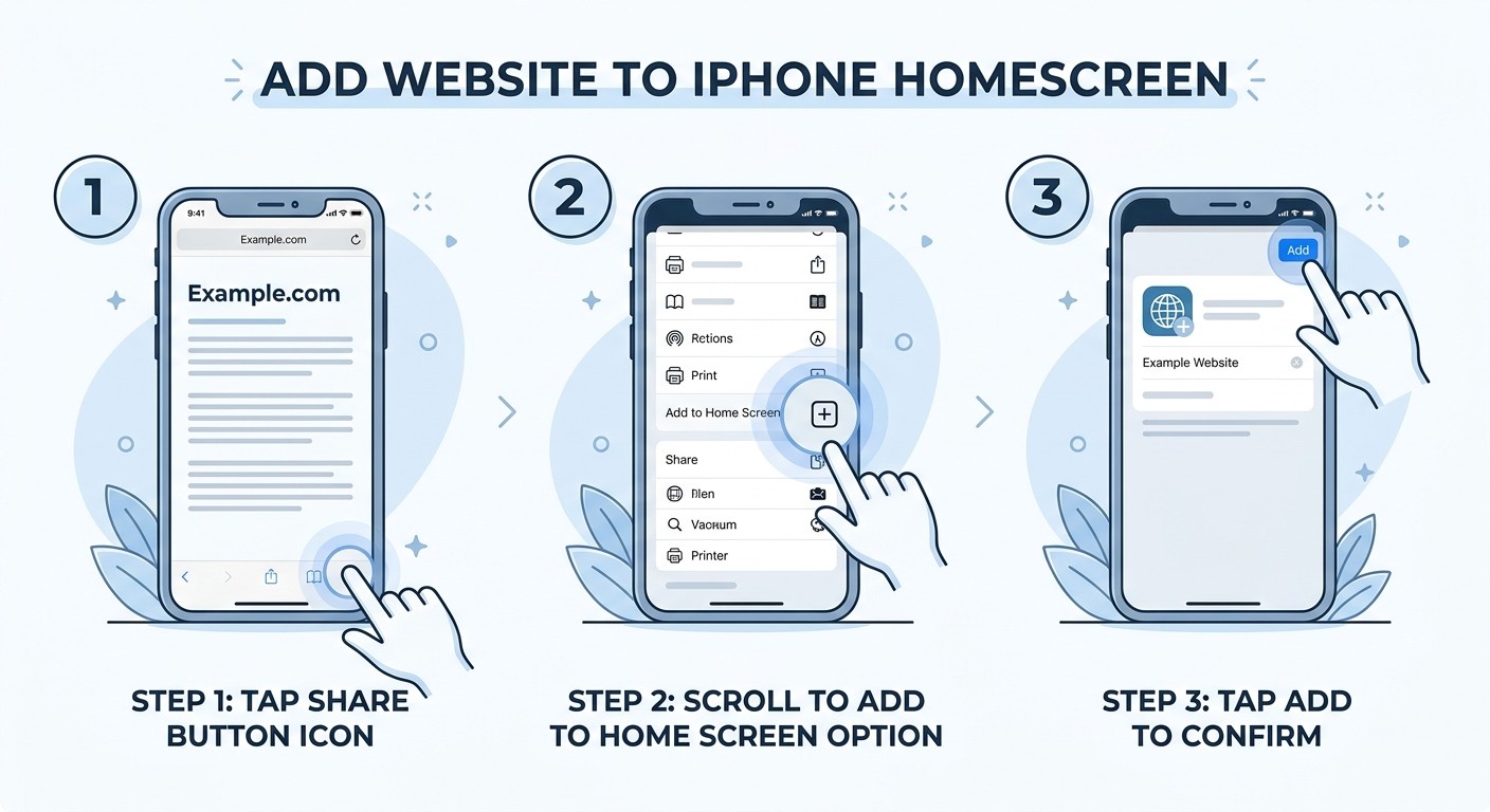 Step-by-step illustration showing three iPhone screens demonstrating how to add a website to the homescreen using Safari's share button.