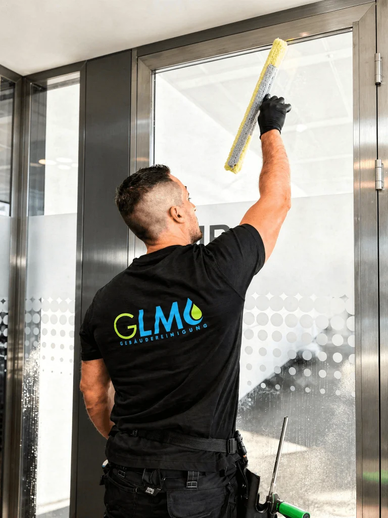 Ein Glasreiniger der GLM Gebäudereinigung von hinten fotografiert, während er mit einem Einwascher eine große Glasfläche reinigt
