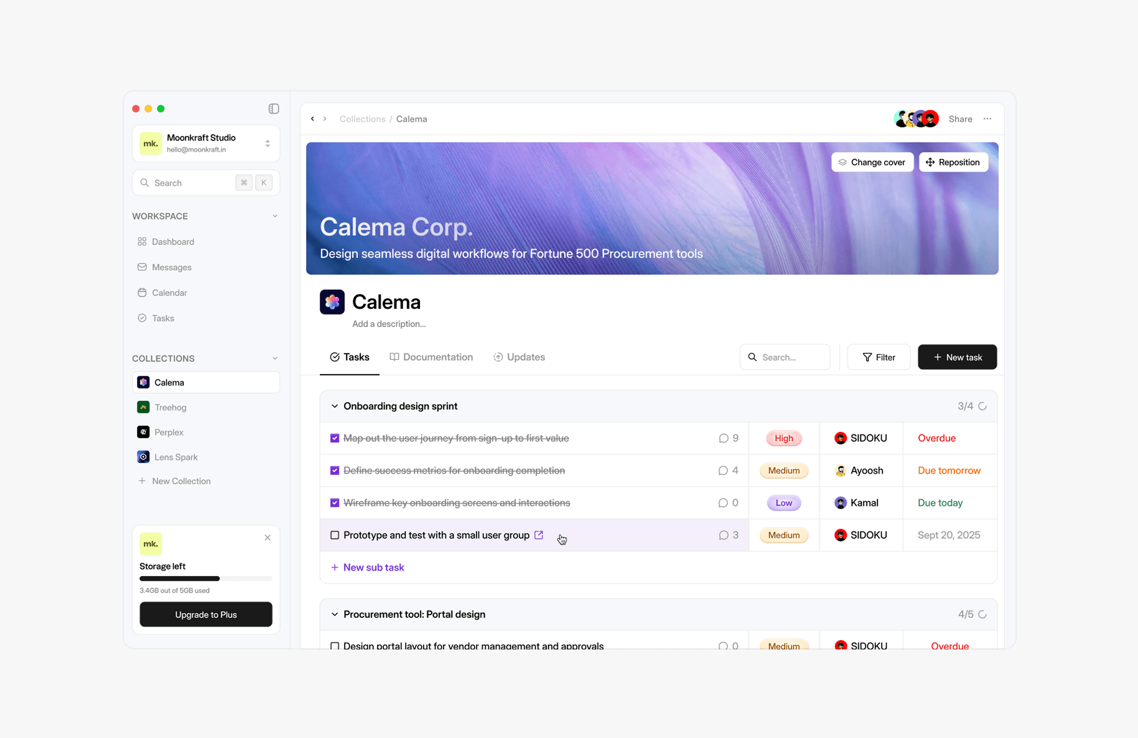 The screenshot displays a web application interface for Calema Corp., showcasing a project management dashboard with tasks, collections, and a navigation panel for seamless design workflows in Fortune 500 procurement.