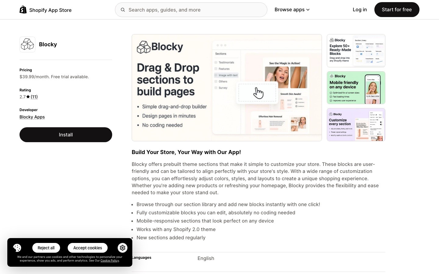 Blocky app on the Shopify App Store — 2.7 star rating, theme section library