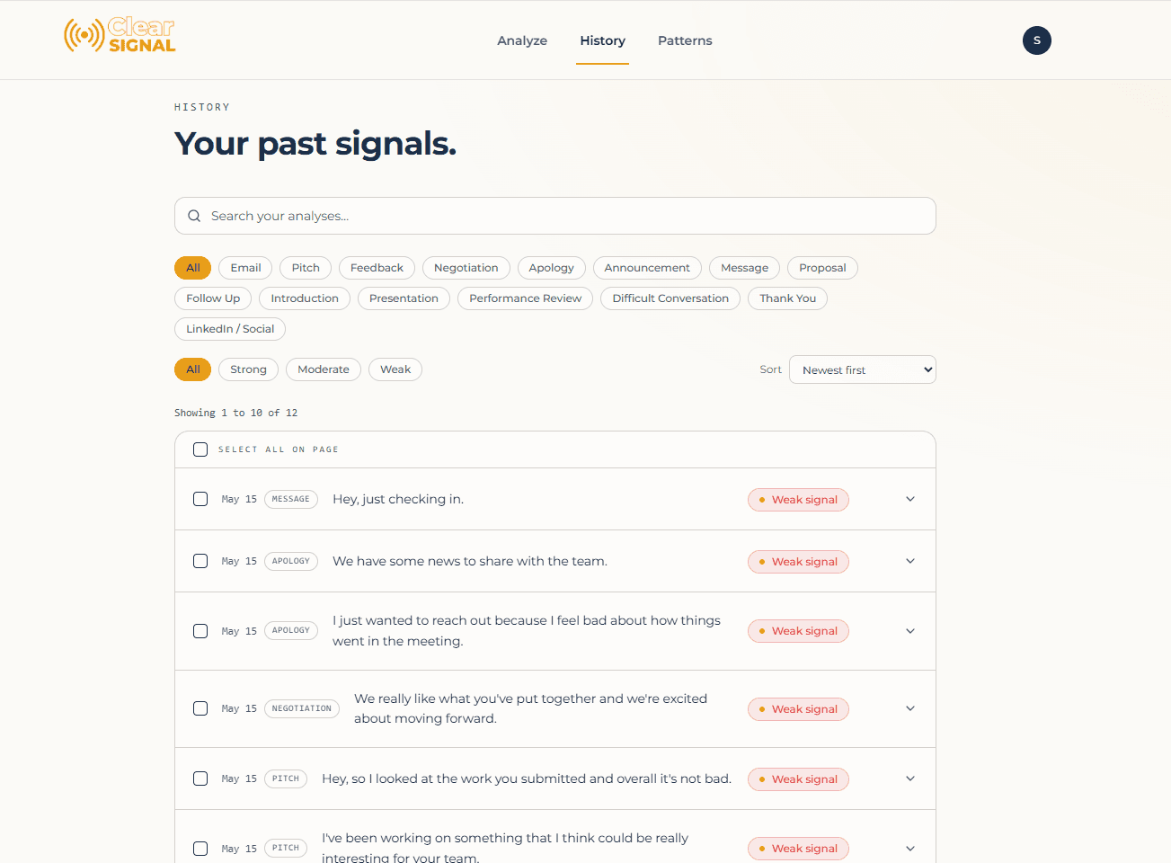 ClearSignal strength score screen