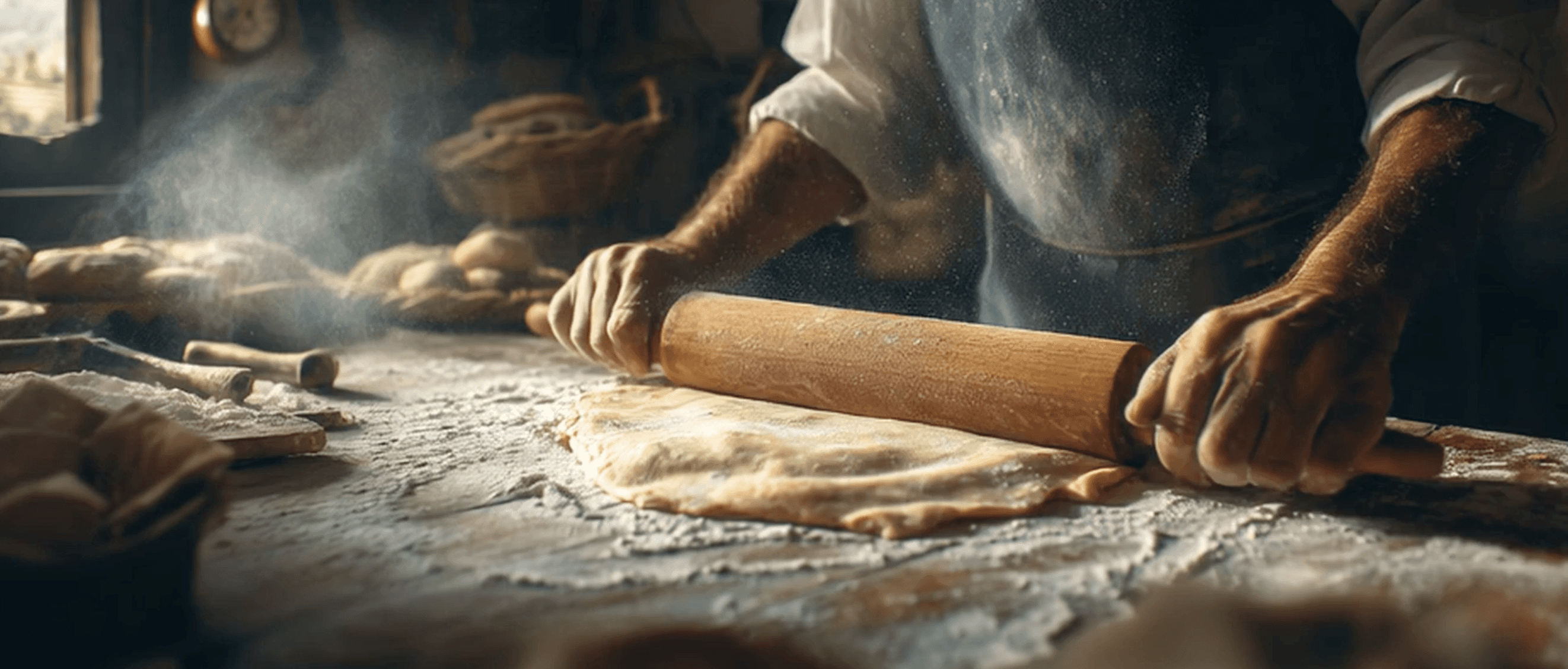 Hands rolling dough on a rustic wooden table, evoking the warmth and tradition of French craftsmanship and cuisine.