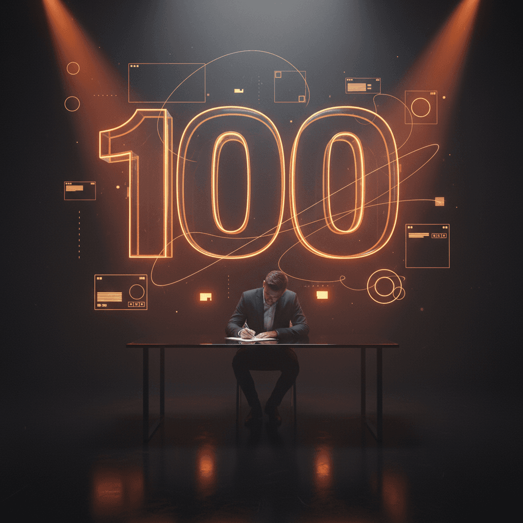 Leuchtendes Schild mit der Aufschrift ‚%100‘ in einem dunklen Regal neben einem WLAN-Router.