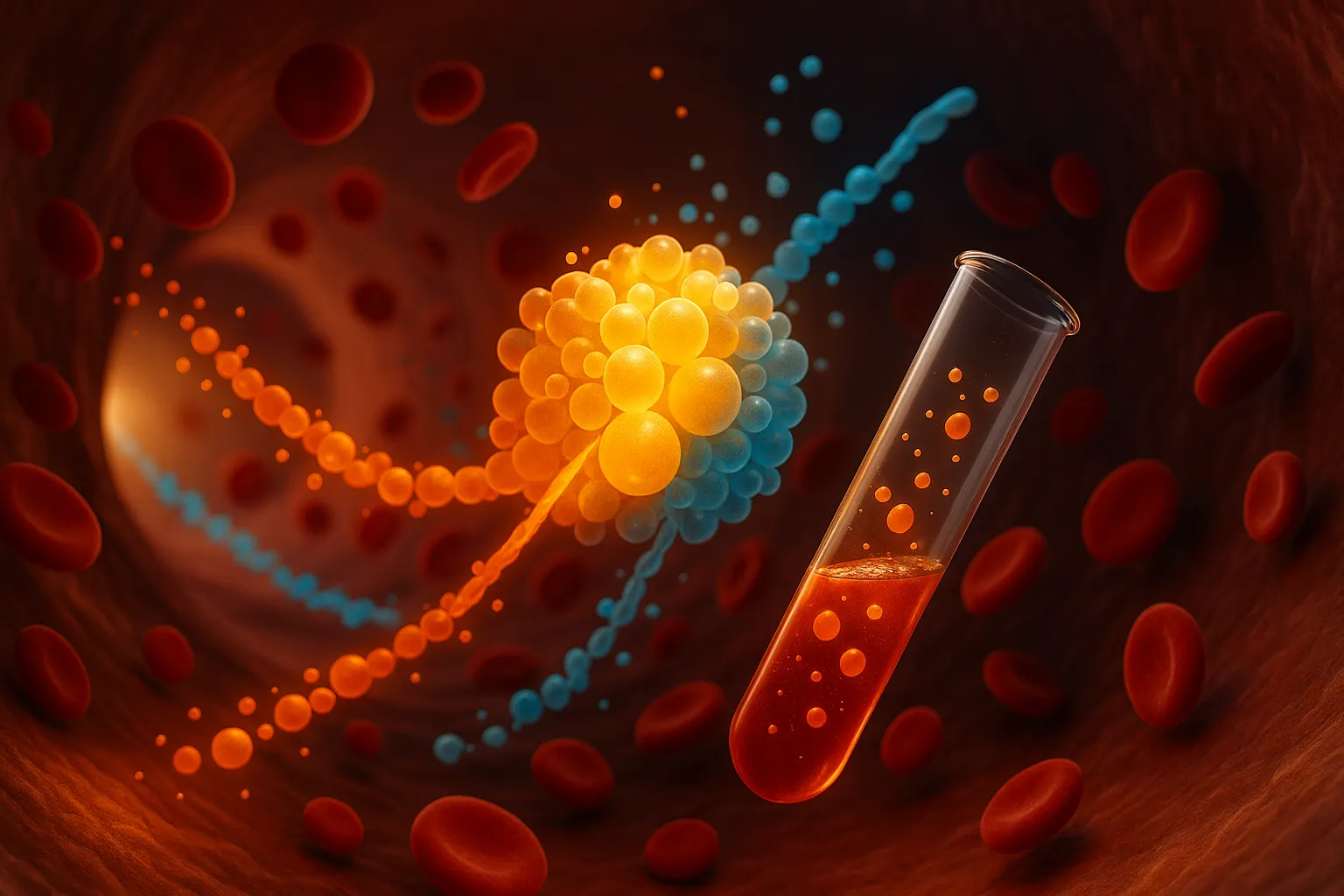 Total Cholesterol - 3D visualization of total cholesterol with glowing lipid cluster, colored particle streams, and a blood sample tube inside a vessel
