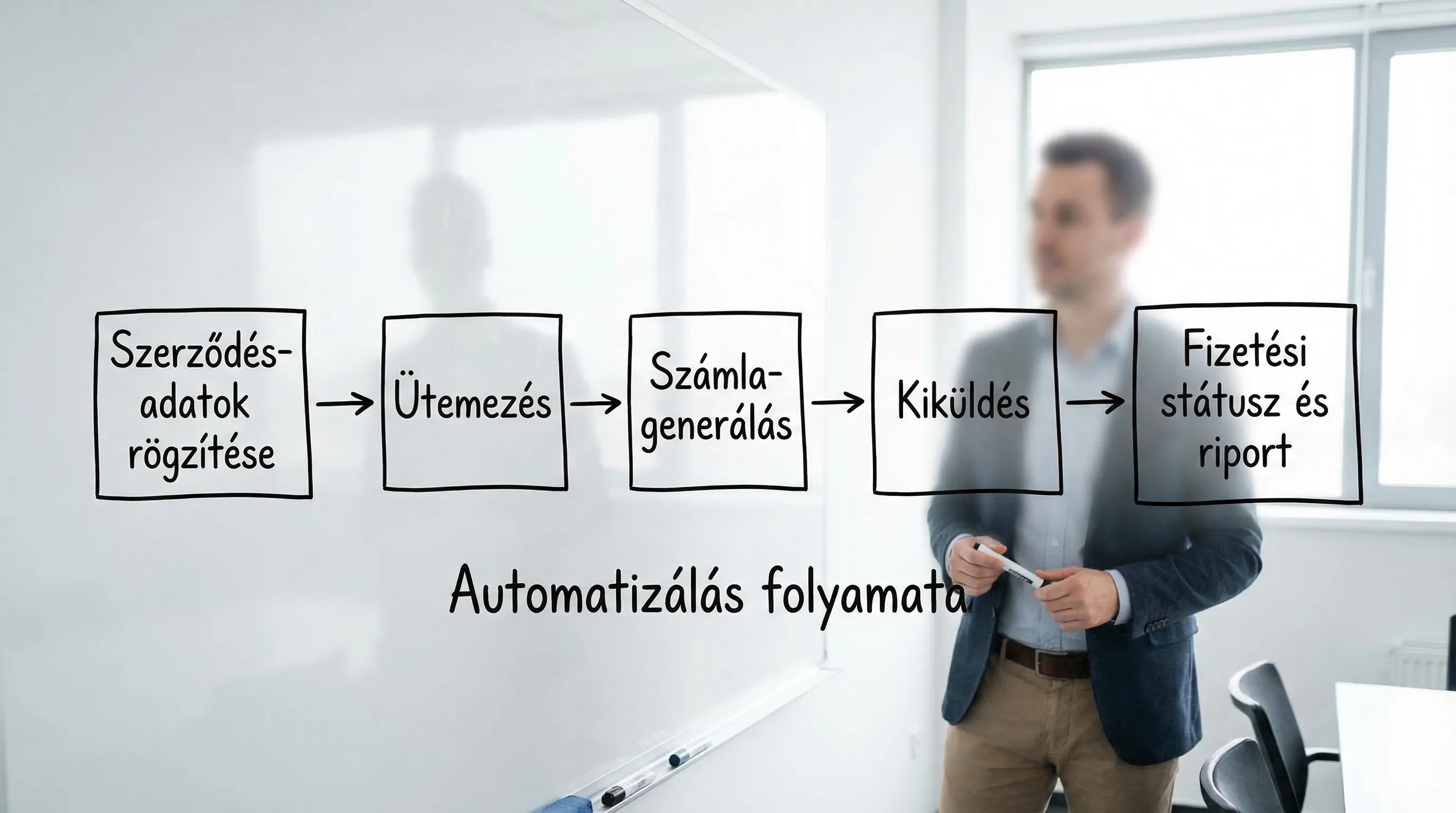 Egyszerű folyamatábra ismétlődő számlák automatizálásához: Szerződés-adatok rögzítése, Ütemezés, Számlagenerálás, Kiküldés, Fizetési státusz és riport. Öt doboz, egyirányú nyilakkal összekötve.