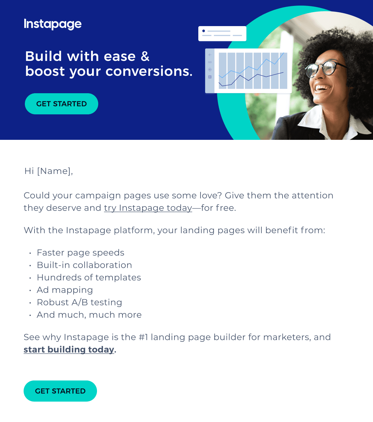 Instapage email: Build landing pages easily & boost conversions with their platform.
