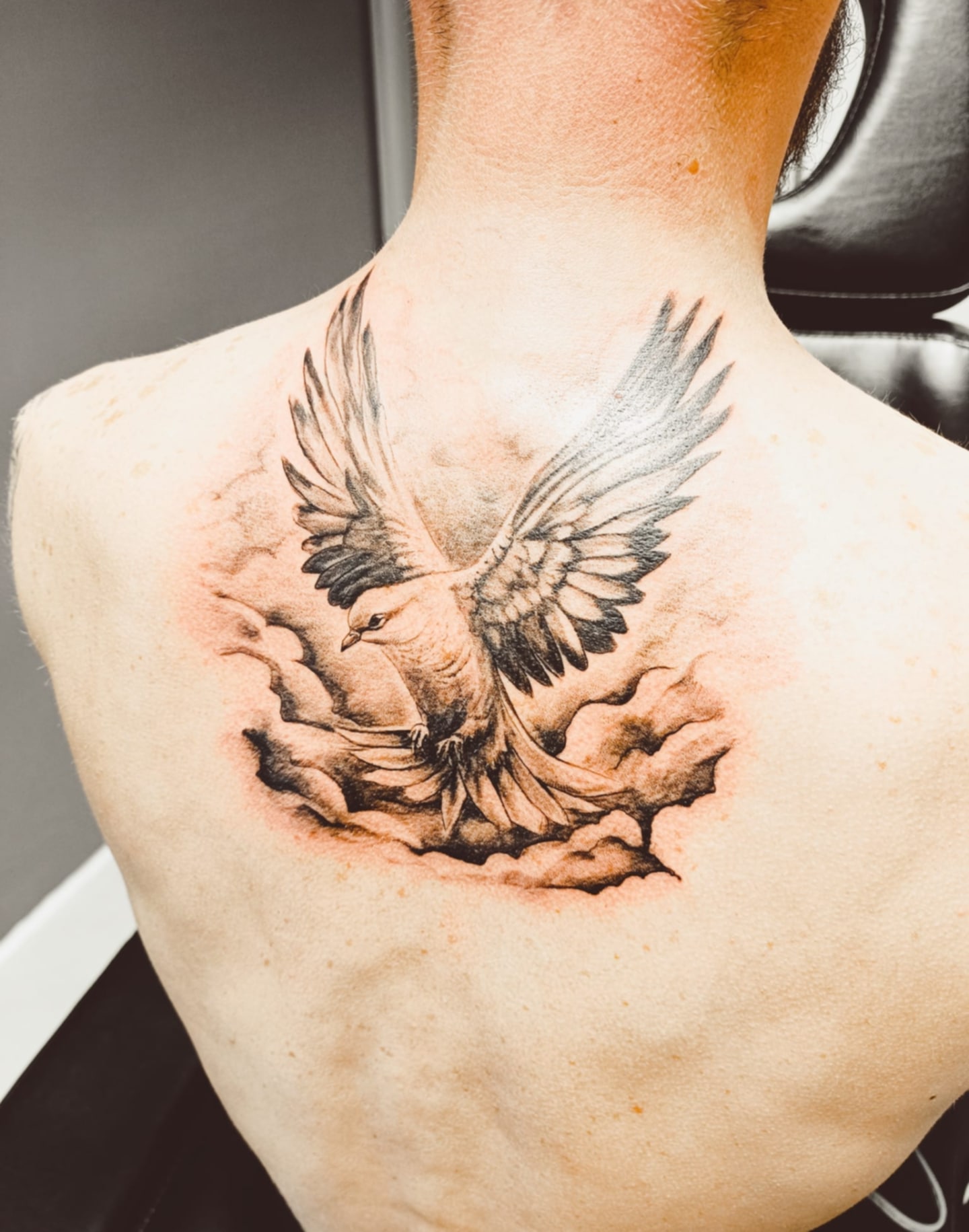 tatouage oiseau sur le dos d'un homme