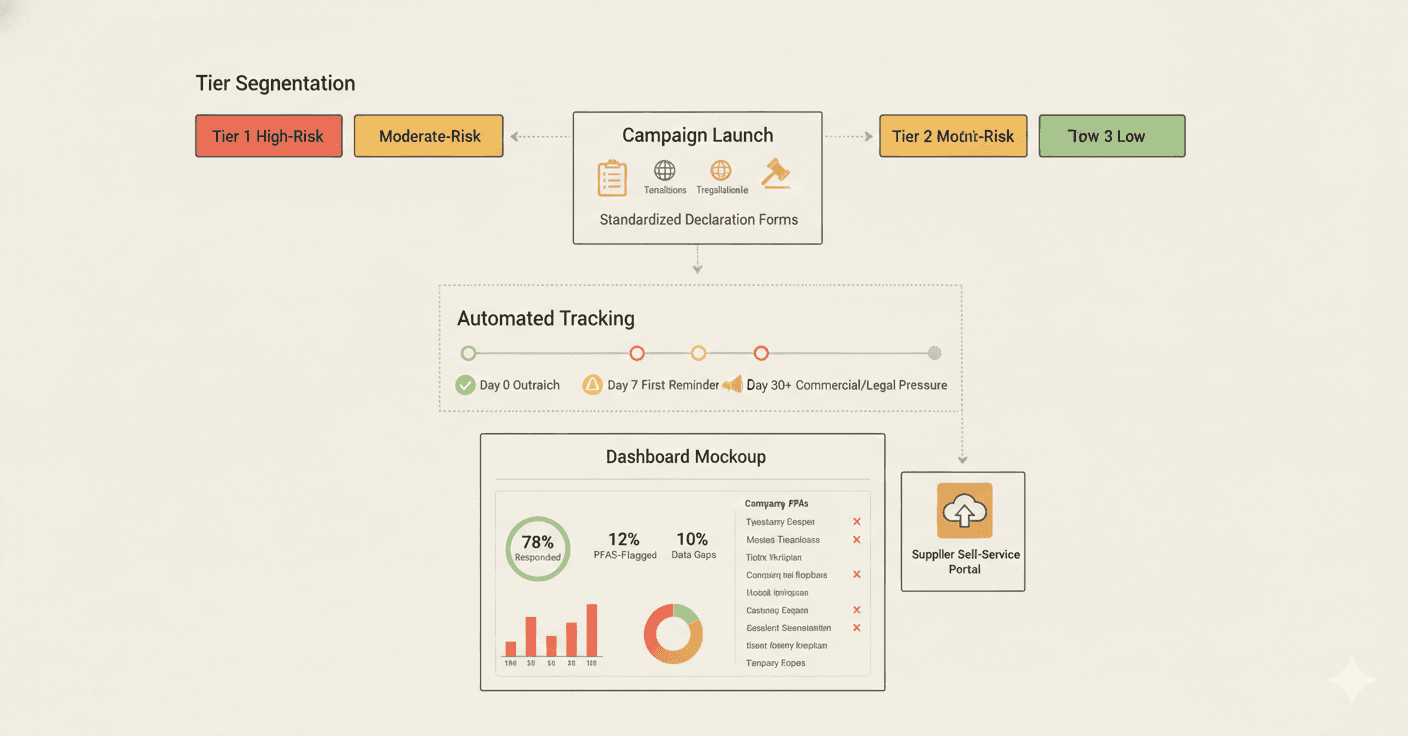PFAS supplier engagement workflow showing tiered outreach campaign tracking and compliance portal