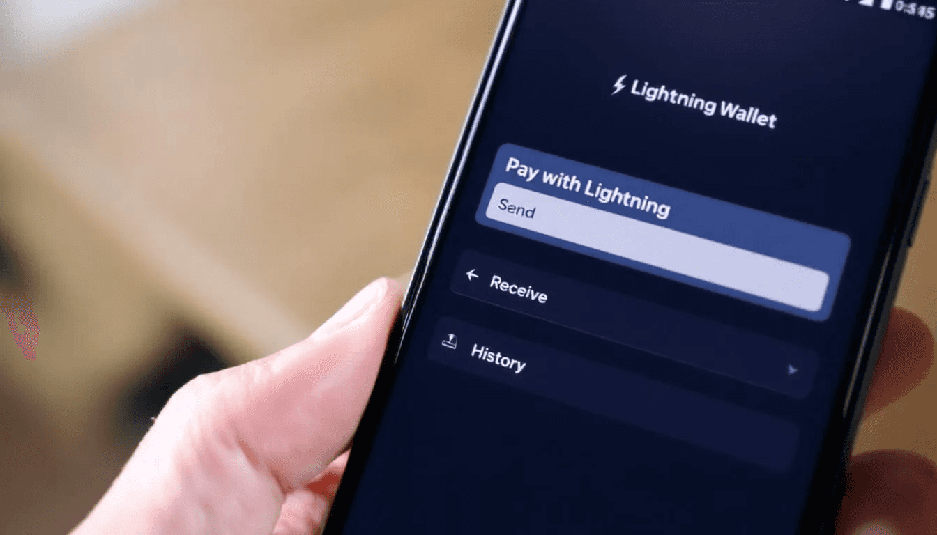The image shows a smartphone screen displaying a lightning wallet interface, featuring various payment options for users to engage with the lightning network. This interface allows for cost-effective transactions and instant payments through payment channels, highlighting the efficiency of off-chain transactions in the Bitcoin ecosystem.