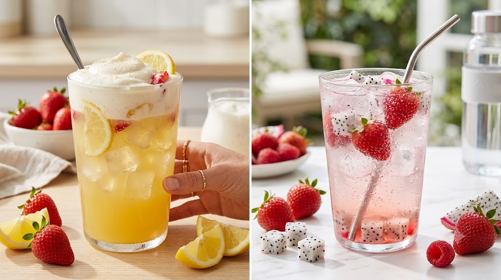 A side-by-side comparison of two iced fruit drinks: a creamy yellow lemonade-style refresher on the left with sweet cream cold foam and a light pink strawberry dragonfruit refresher on the right made with sparkling water.