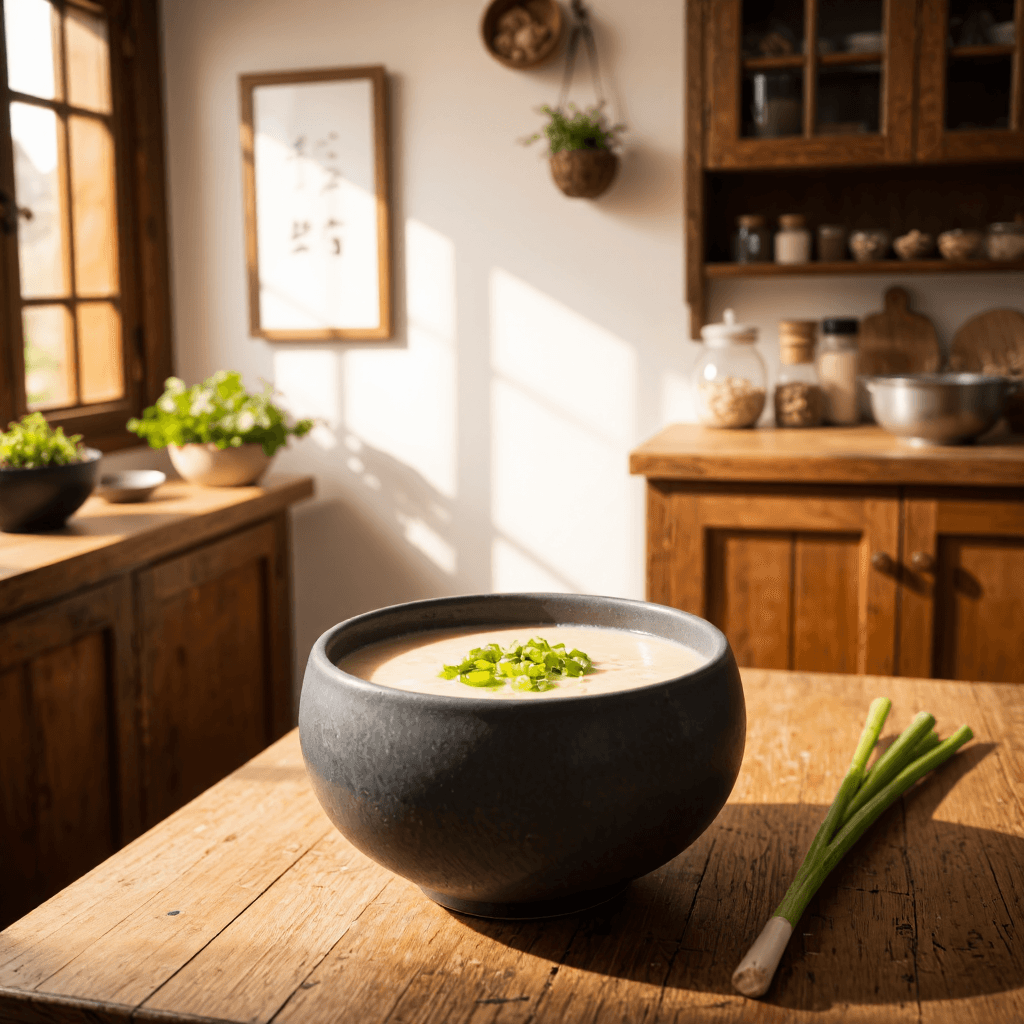 product photography of a bowl of milky pork soup with scallions