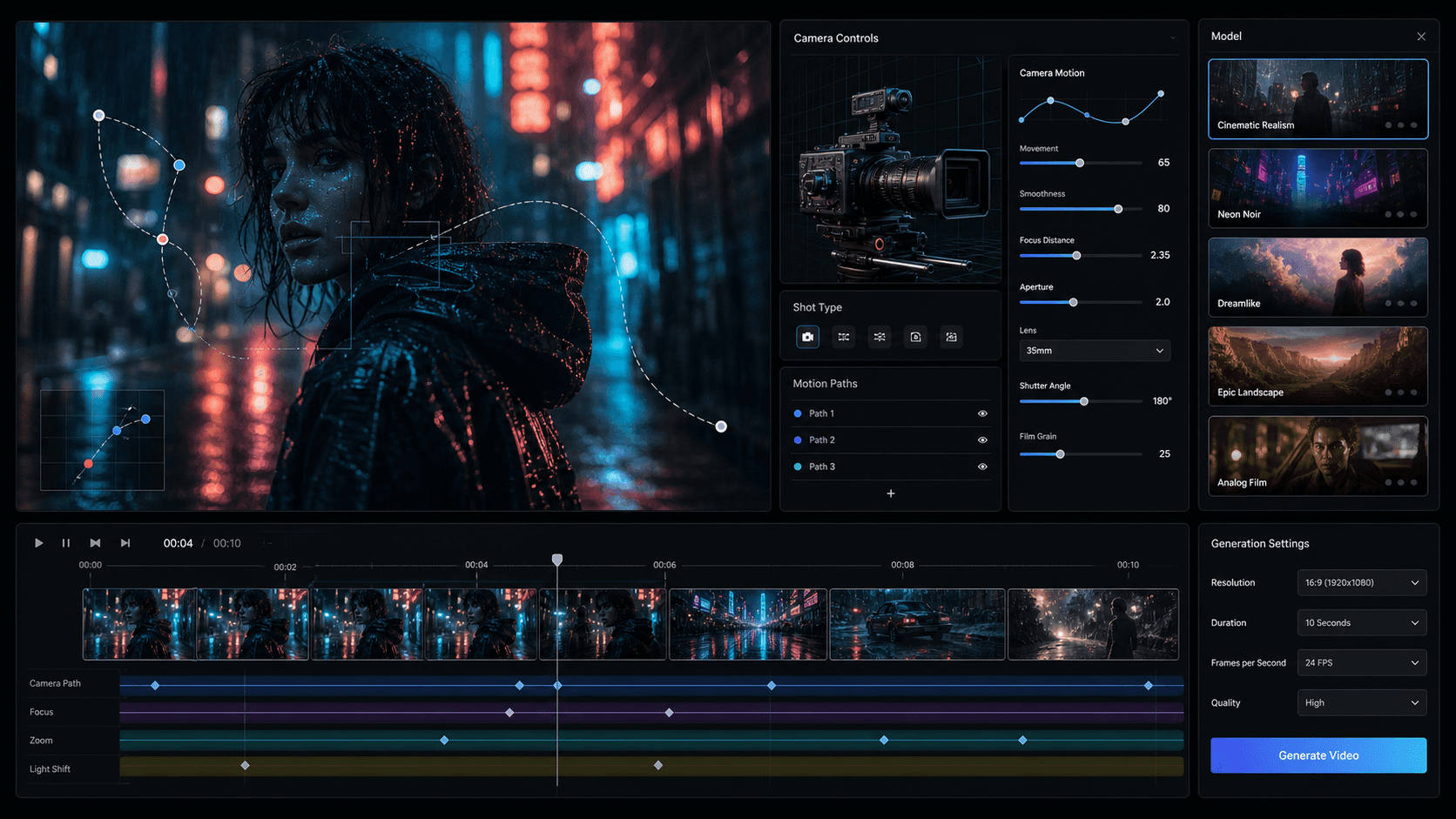 Illustrative concept of Higgsfield AI's camera controls and cinematic style presets like Cinematic Realism, Neon Noir, and Analog Film