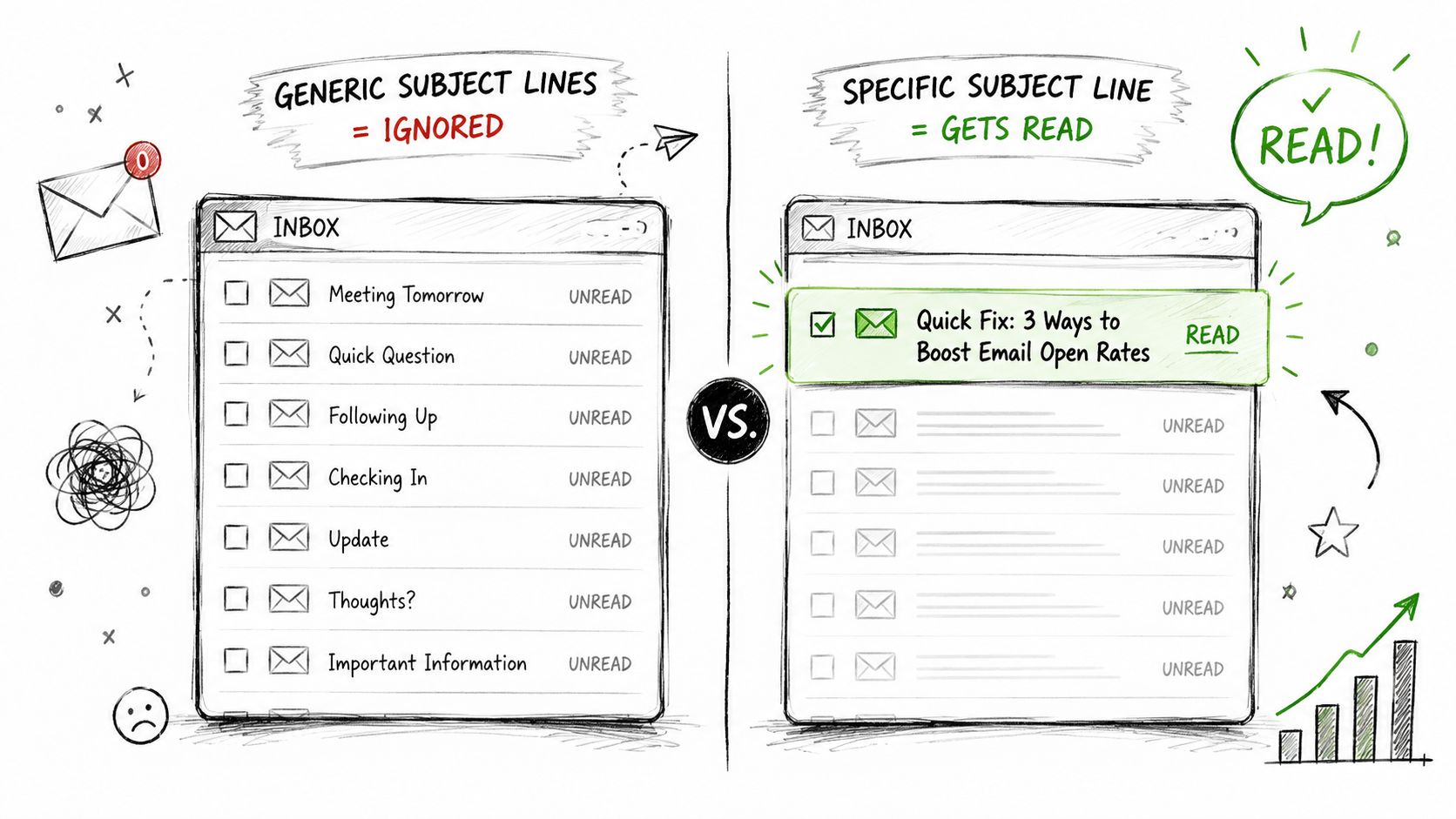 A hand-drawn comparison showing generic email subject lines ignored versus specific subject lines getting read.