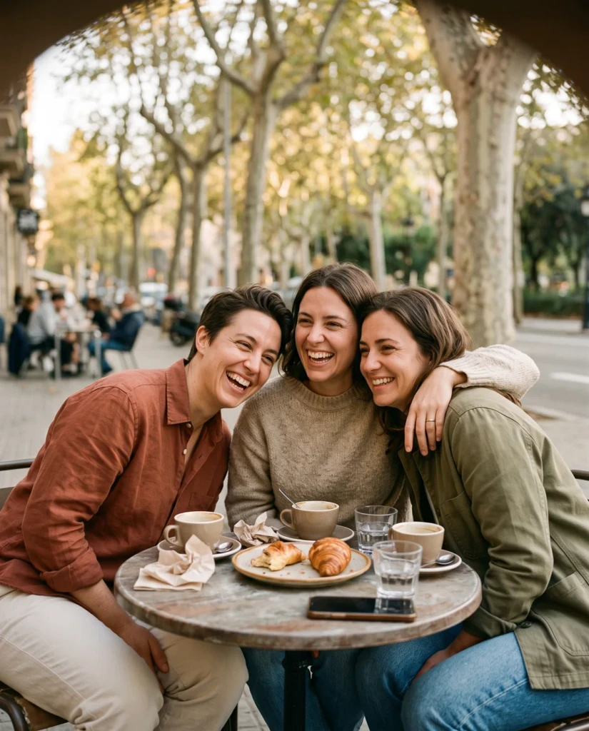 Friends laughing around a table