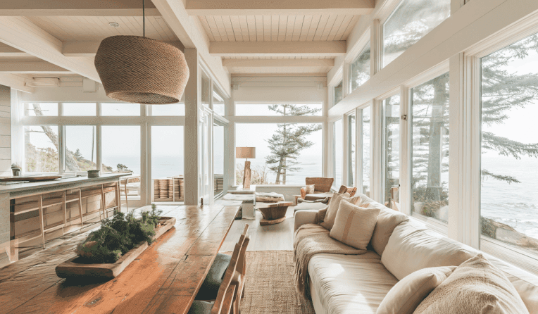 Bright coastal living room with large windows, cozy seating, and ocean views.