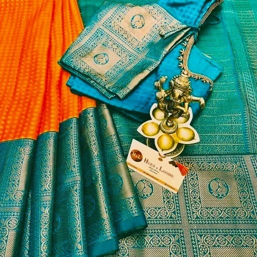 Bright Orange (Teal Green Border) Semi Kanchivaram Art Silk Saree