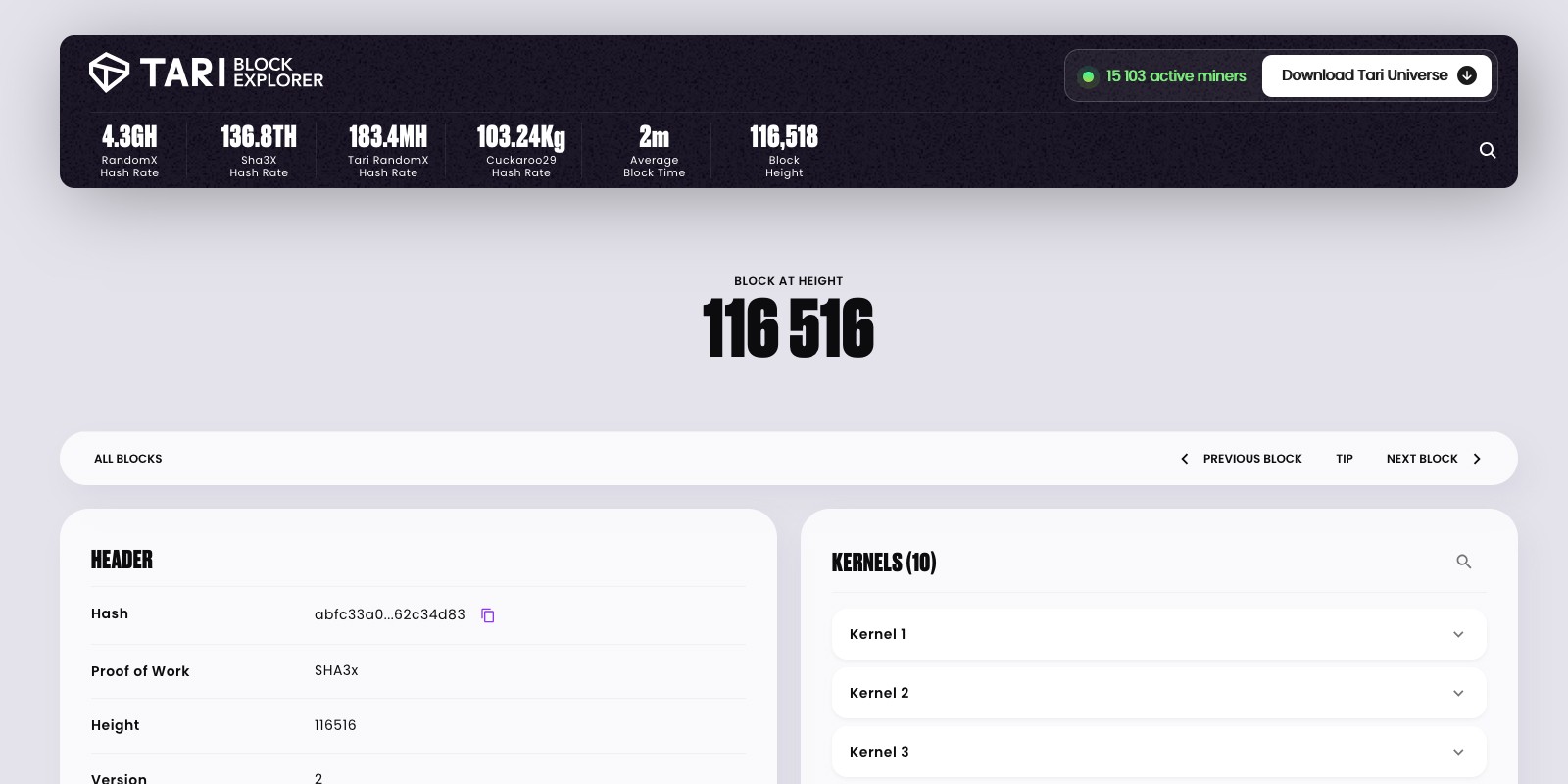 All mined blocks listed chronologically with the most important information visible right away. Click on any block to access comprehensive details including transactions, timestamps, and mining data.