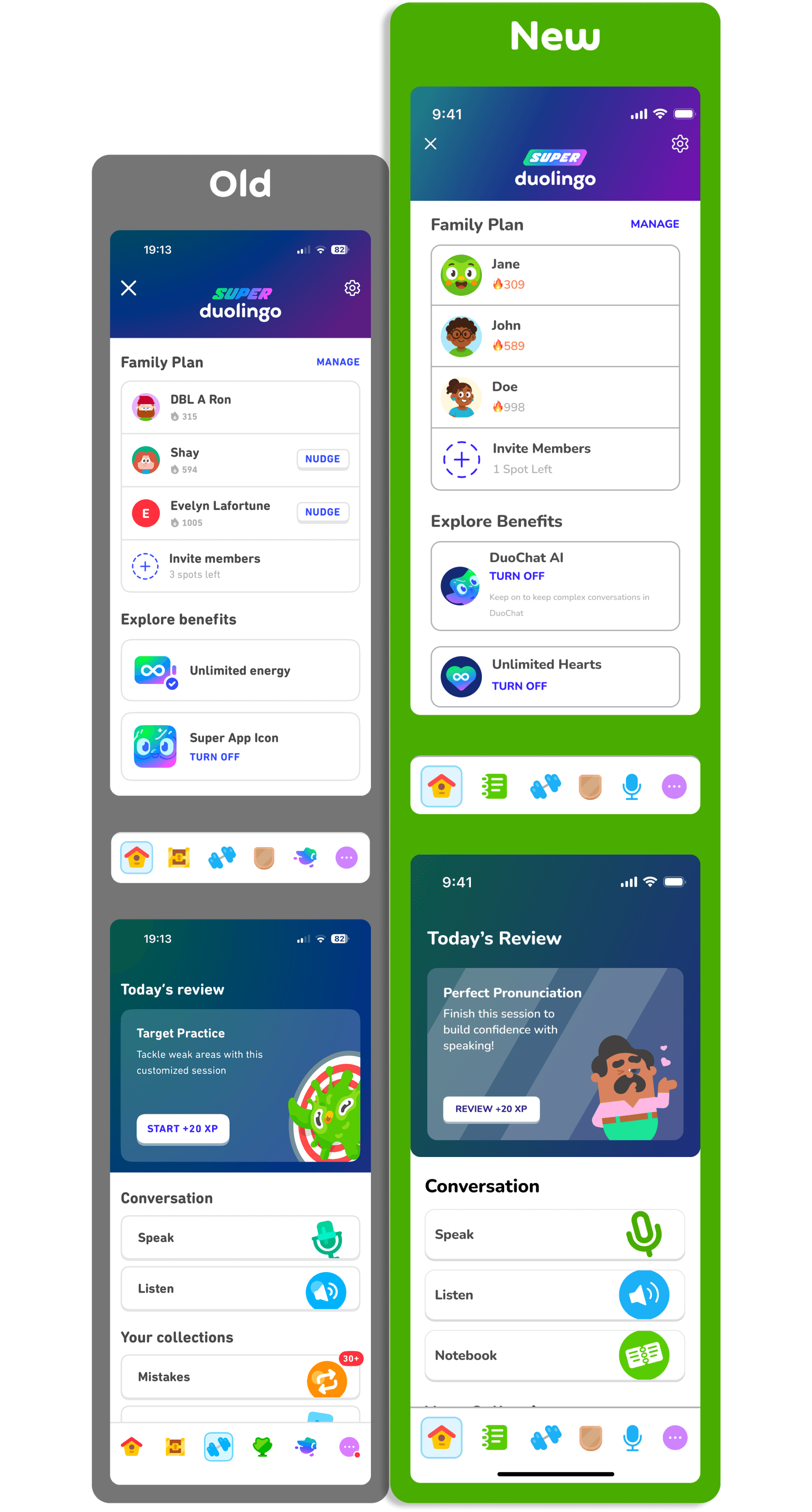 Side-by-side comparison of the old and redesigned Duolingo Super screen, showing the addition of DuoChat AI as a toggleable benefit alongside updated navigation and practice sections