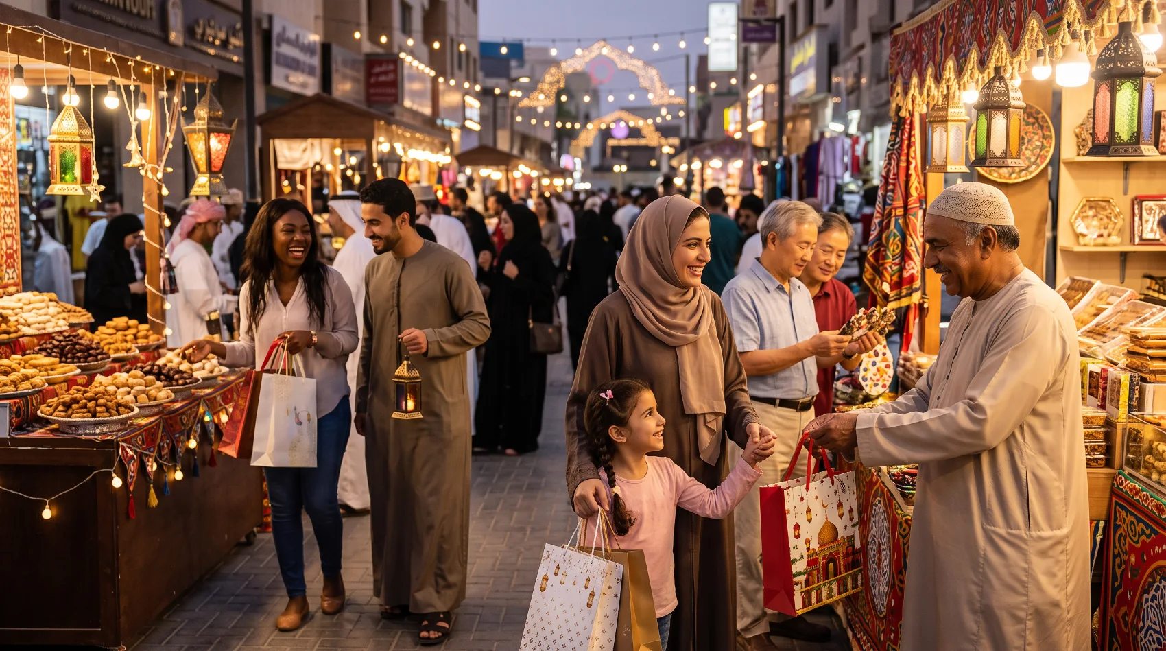 Multicultural families shopping for Eid gifts and dates at Ramadan night souk with lanterns and lights - festive season