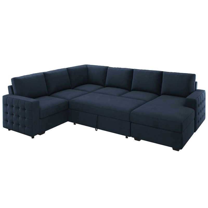 Sofa bed with chaise and pull-out sleeper, perfect for a cozy seating and sleeping area with storage.