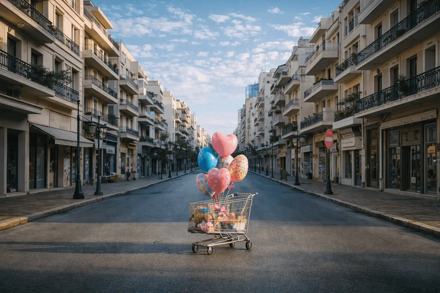 Shopping cart filled with colorful balloons positioned in the middle of an empty city street.