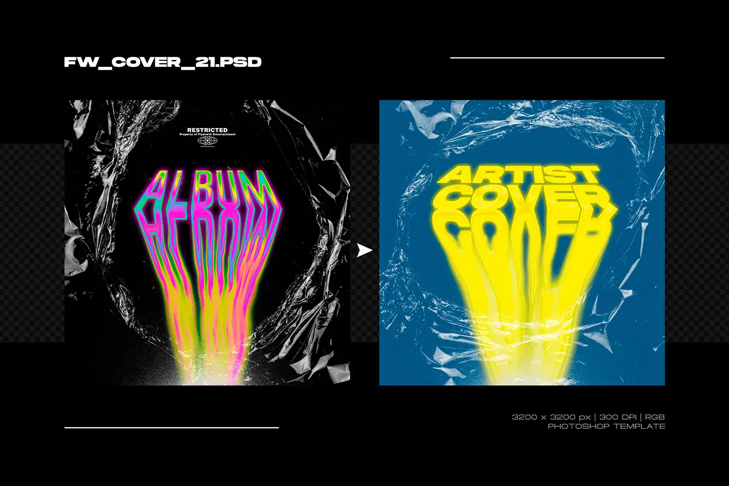 Album cover template with a yellow liquid melting text effect and realistic plastic wrap texture