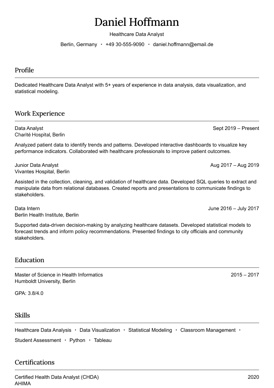 Healthcare data analyst resume example