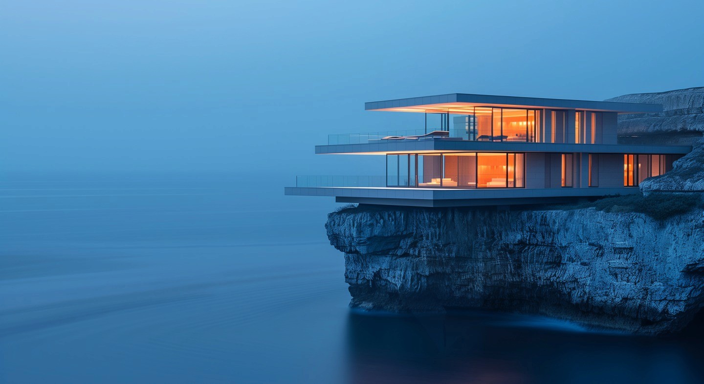 Cliffside glass building at dusk