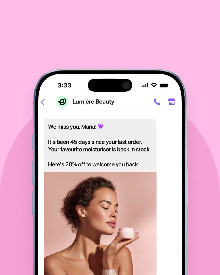 Viber messaging campaign showcasing a personalized message that aims to help a beauty e-commerce store win back churning customers.