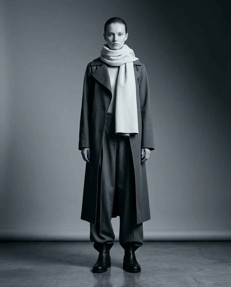 Full-length look: trench, trouser, scarf and boot
