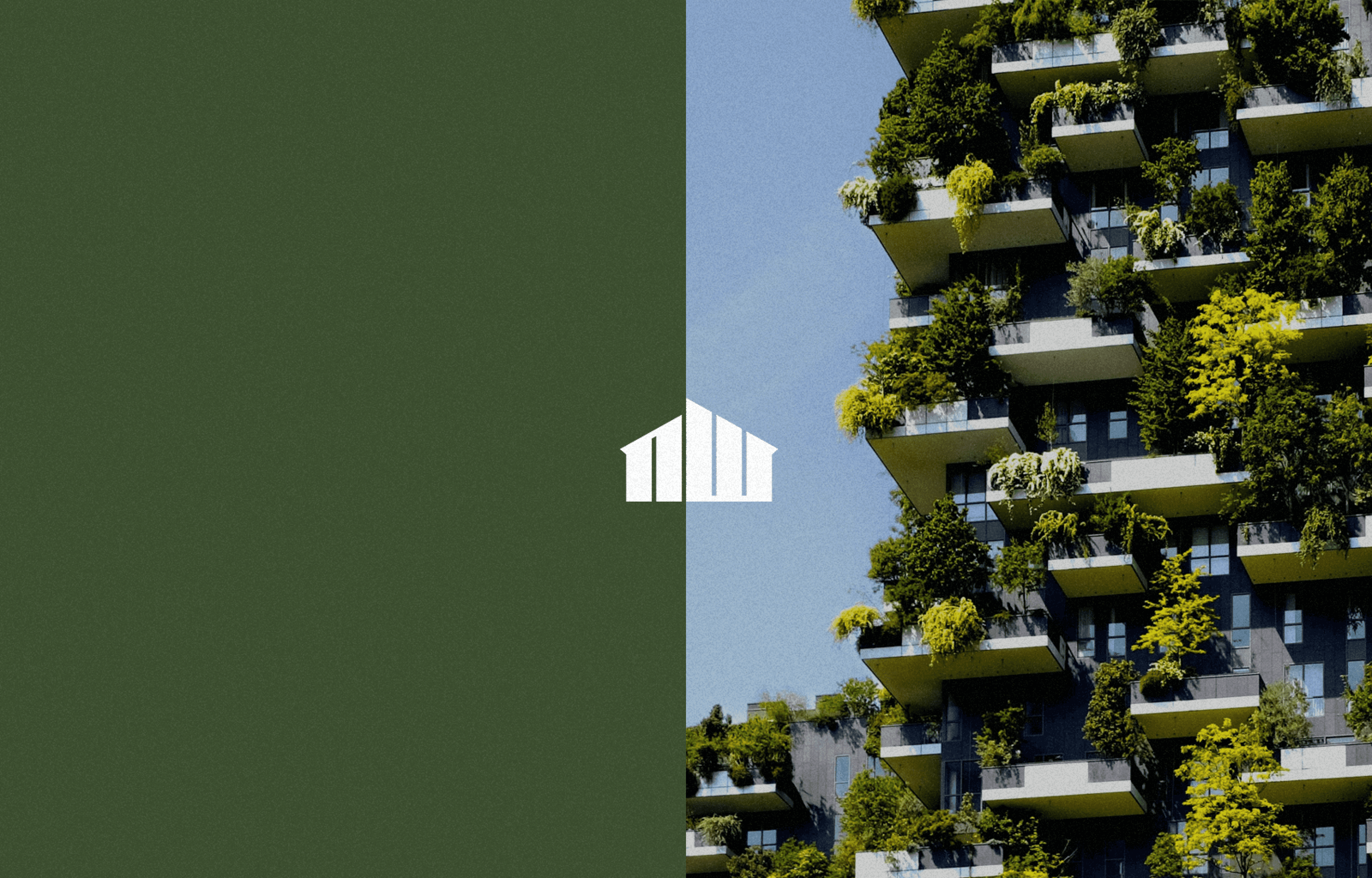 Split-screen graphic with a green solid background on the left and a modern building covered in lush greenery on the right. In the center, a minimalist white architectural logo resembling a pitched roof structure connects both sides.