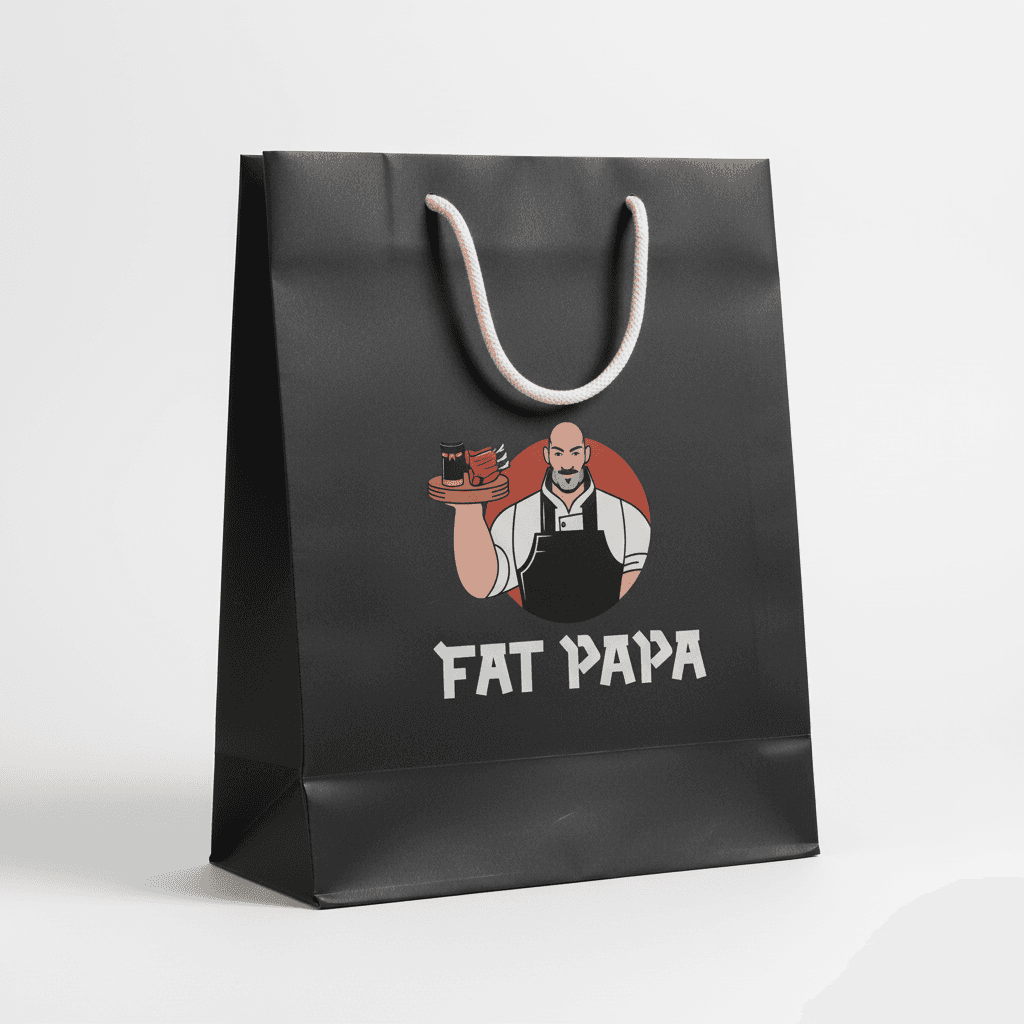 Black tote bag with the Fat Papa illustrated chef logo.