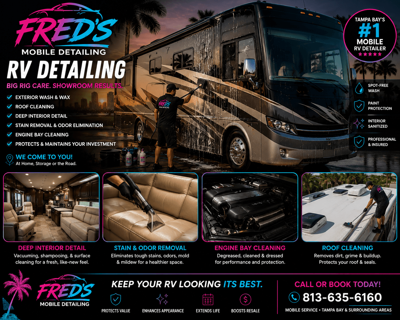 Professionally detailed luxury RV ready for mobile detailing in Tampa