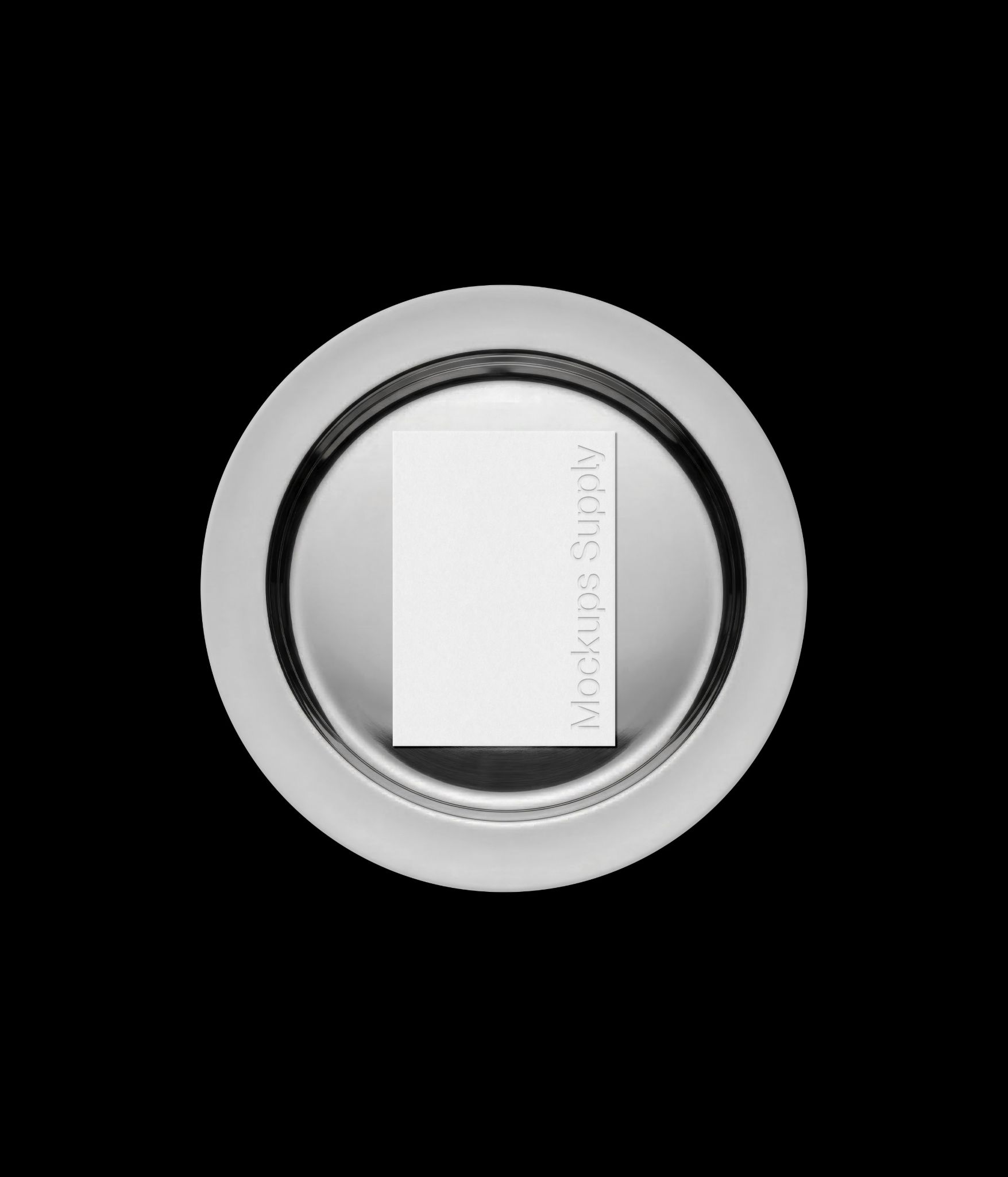 A5 menu mockup on round silver plate with debossed logo effect on black background