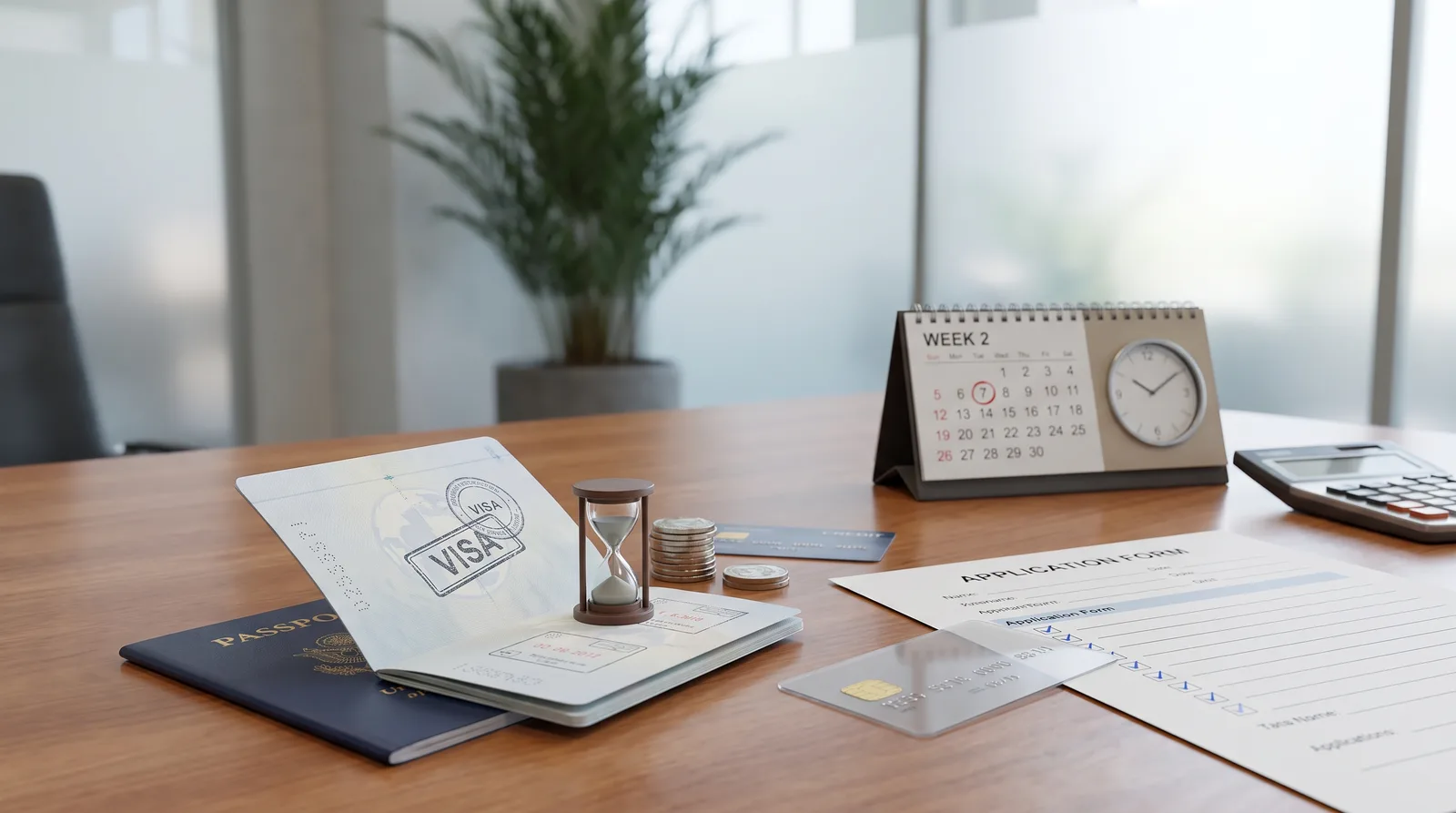 Completing Visa Stamping on Your New Dubai License beside a passport, residence visa card and application form