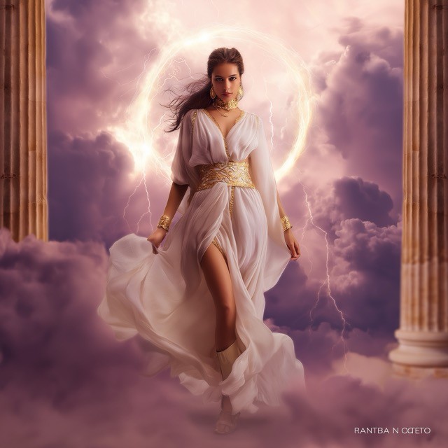 Elegant woman in flowing white dress surrounded by ethereal clouds and lightning, evoking a goddess-like presence.