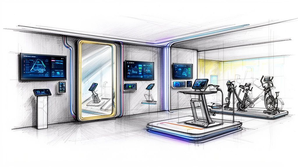 Sketch of a modern smart gym interior featuring fitness equipment, interactive digital displays, and sleek design.