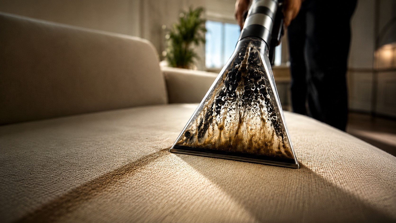 Transparent extraction nozzle showing dirty water during upholstery deep cleaning