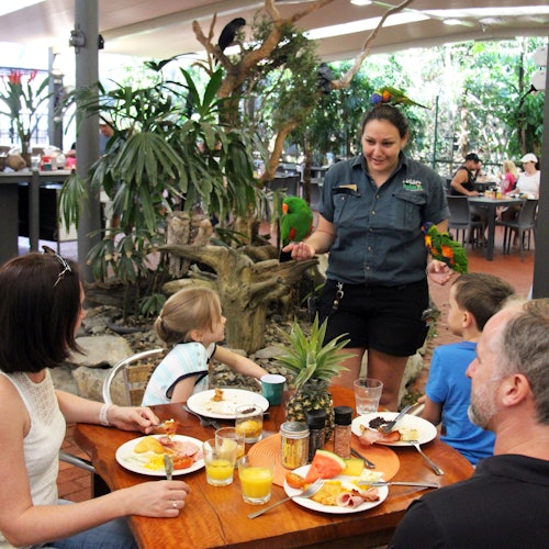 ครอบครัวหนึ่งนั่งอยู่ที่โต๊ะพร้อมอาหารเช้า ในขณะที่หญิงคนหนึ่งกับนกแก้วมีปฏิสัมพันธ์กับพวกเขาในพื้นที่รับประทานอาหารในร่มที่เขียวชอุ่ม