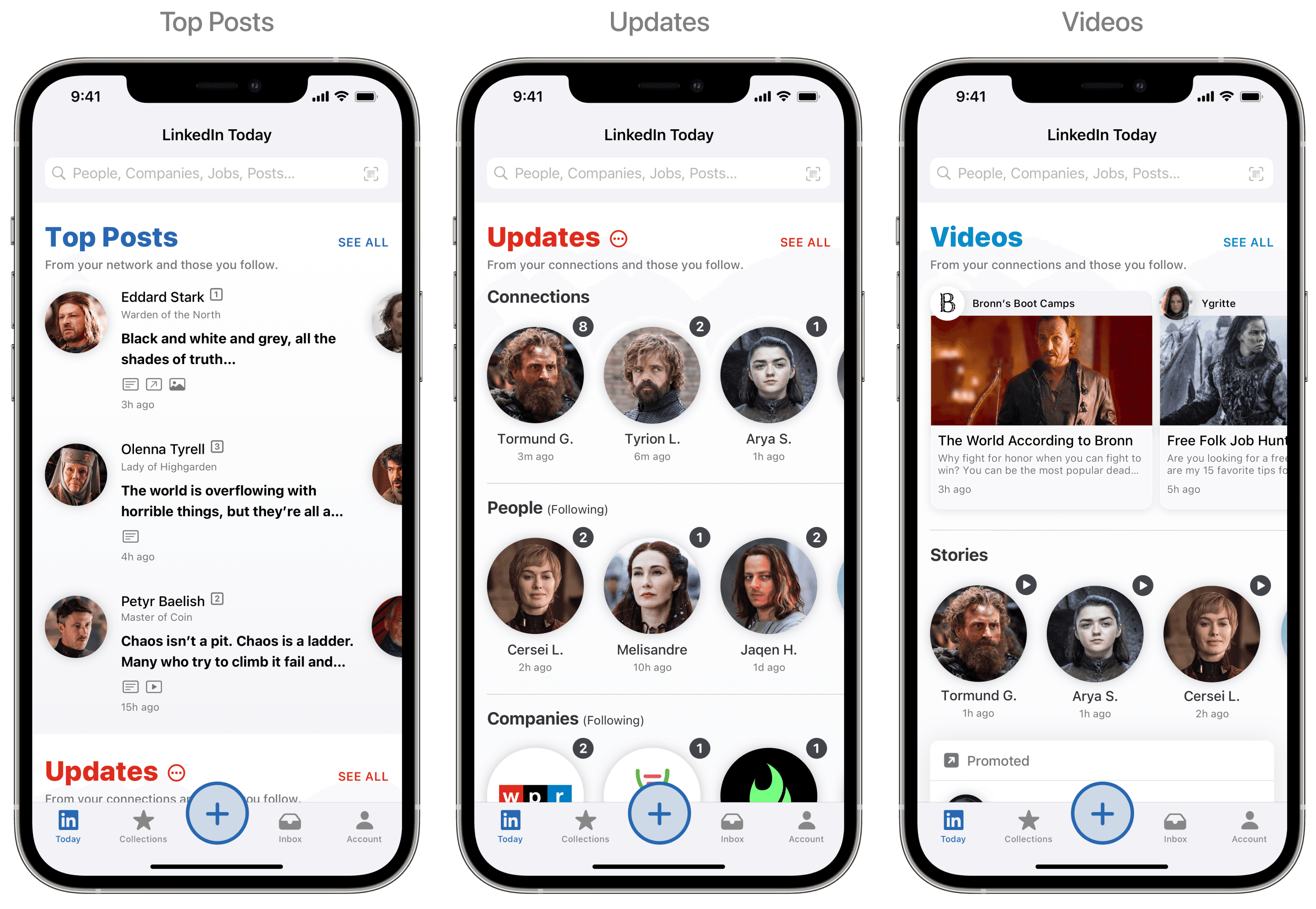 LinkedIn Today sections for Top Posts, Updates, and Videos