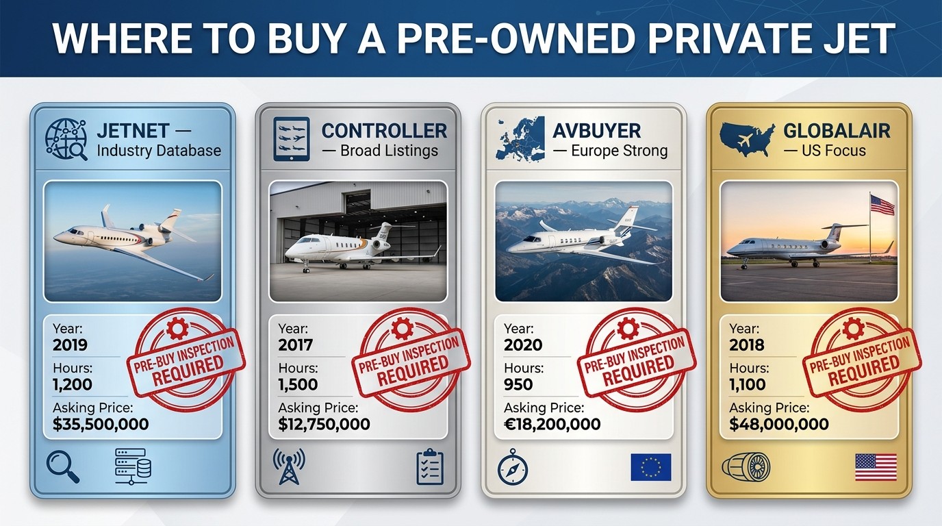 Where to buy a private jet — pre-owned marketplaces JetNet Controller AvBuyer GlobalAir, listings asking prices Pre-Buy Inspection verification