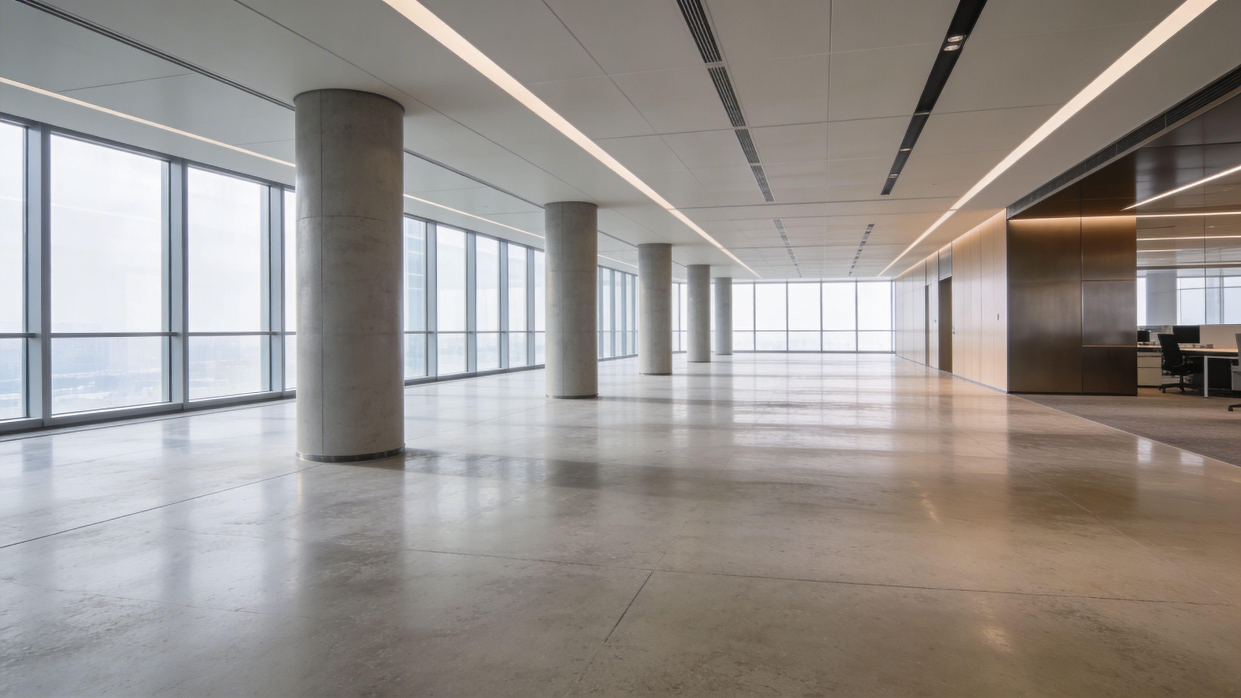 Spacious modern office floor with large glass windows, concrete columns, and open-plan layout filled with natural light