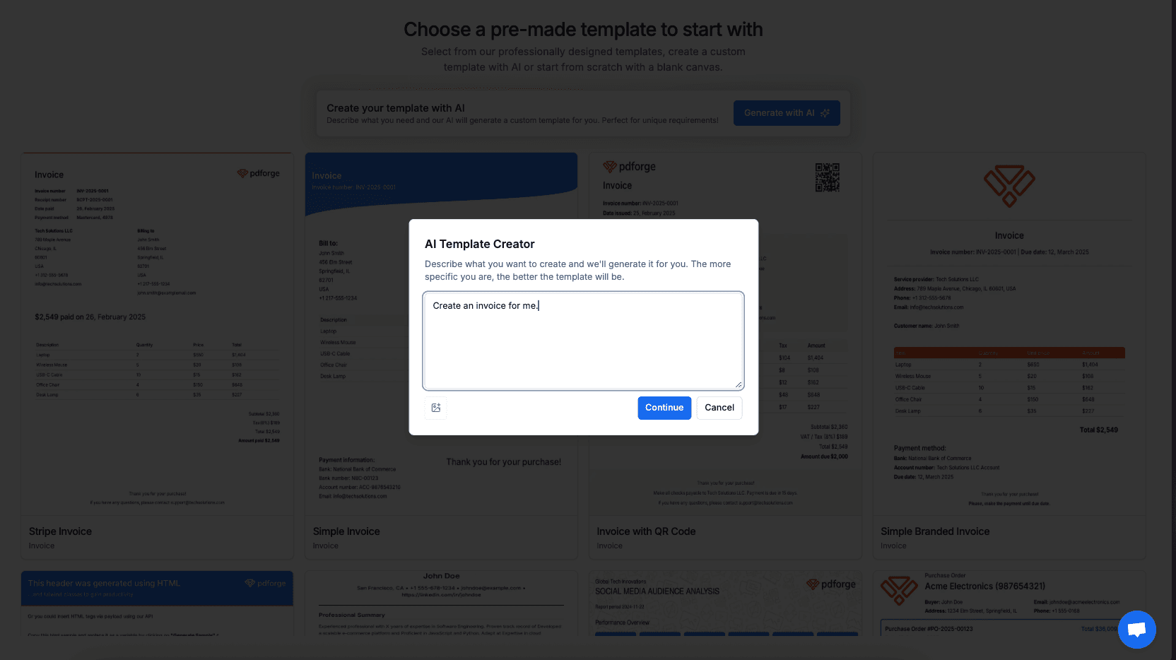 AI Agente creating pdforge template