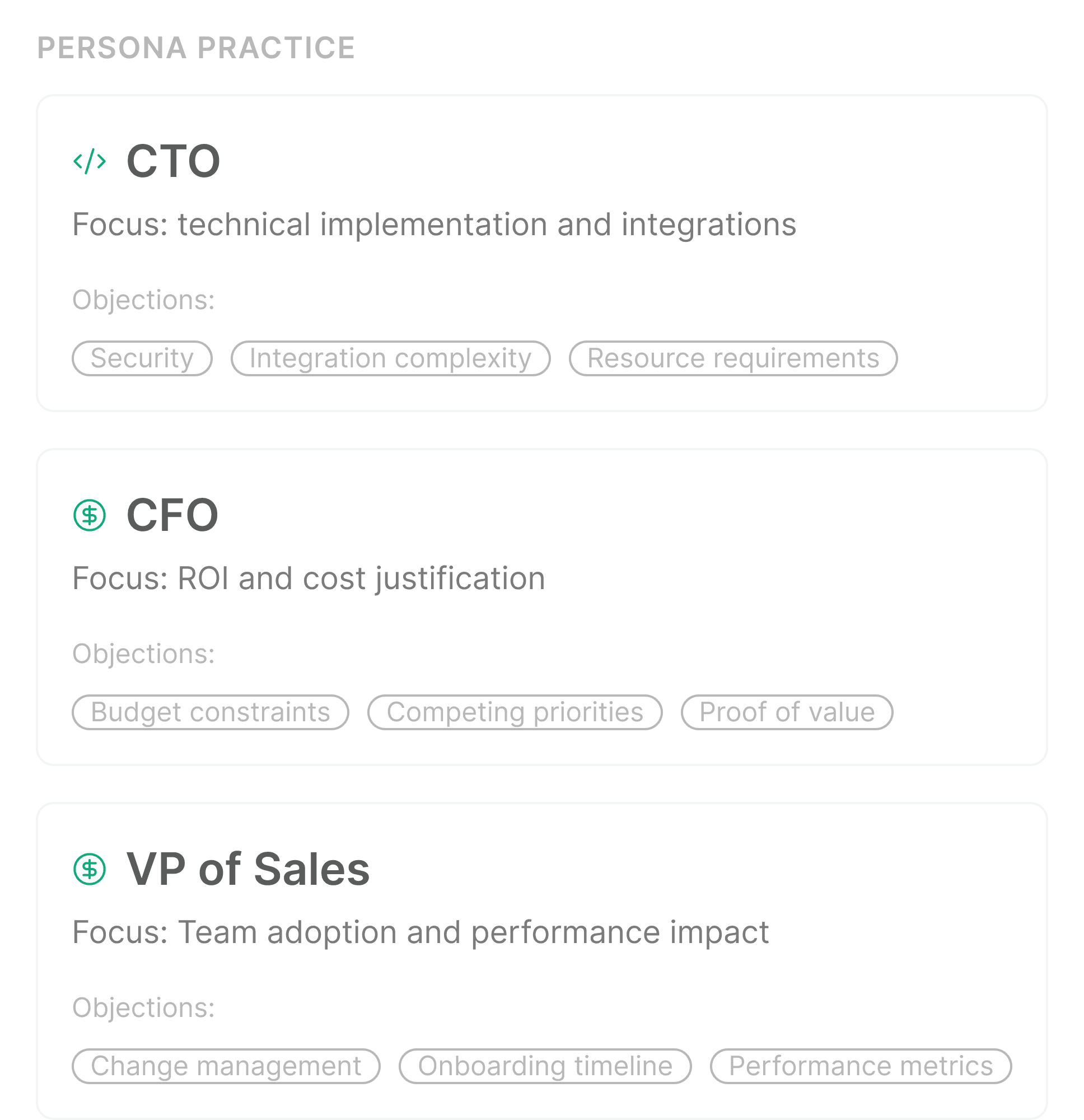 A screenshot of the FullyRamped 'Persona Practice' feature, detailing common objections for CTO, CFO, and VP of Sales personas like 'Integration complexity,' 'Budget constraints,' and 'Change management'.