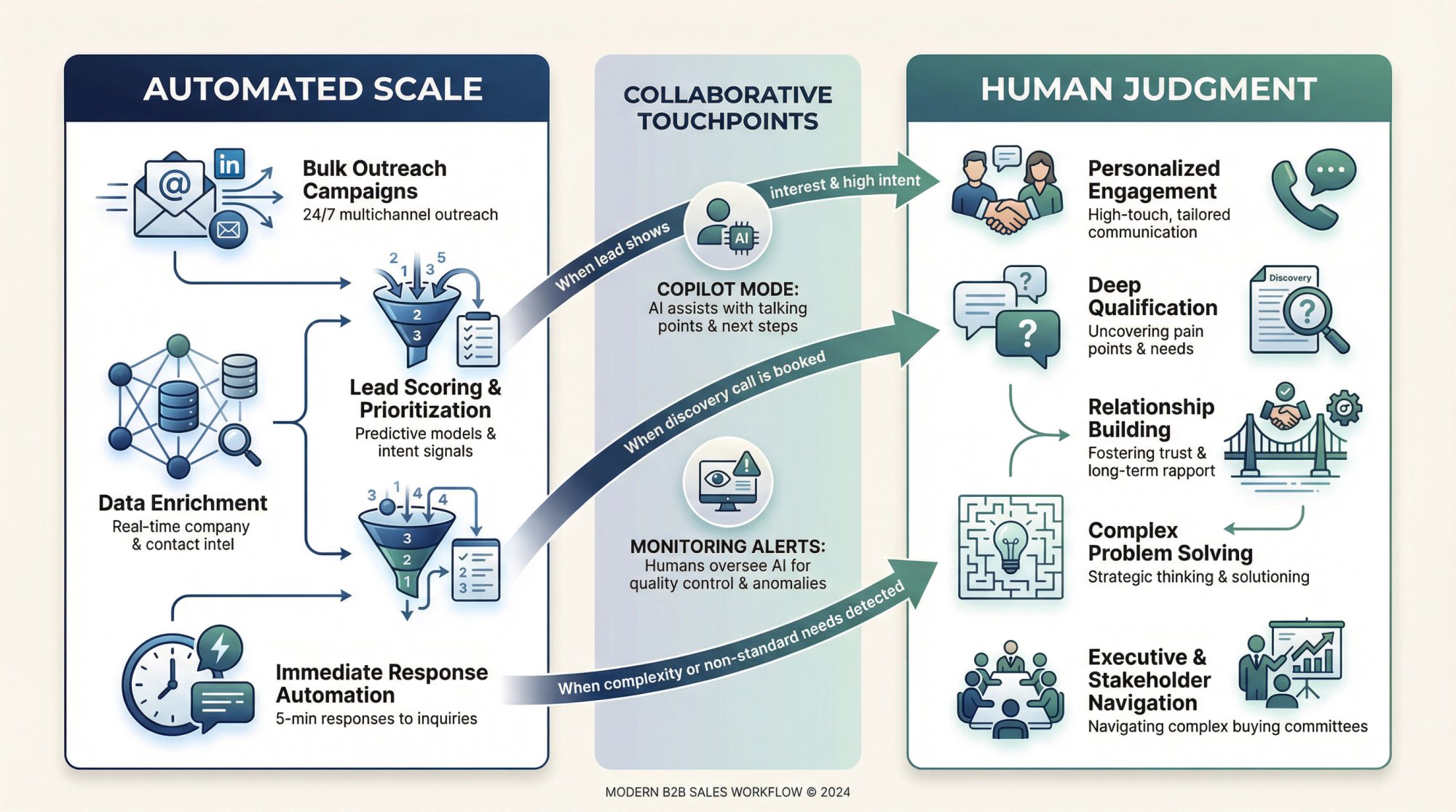 Two-column workflow diagram showing AI SDR responsibilities on the left (bulk outreach, data enrichment, lead scoring, immediate responses) and Human SDR responsibilities on the right (personalized engagement, deep qualification, relationship building, complex problem solving) with connecting arrows showing handoff and collaboration points