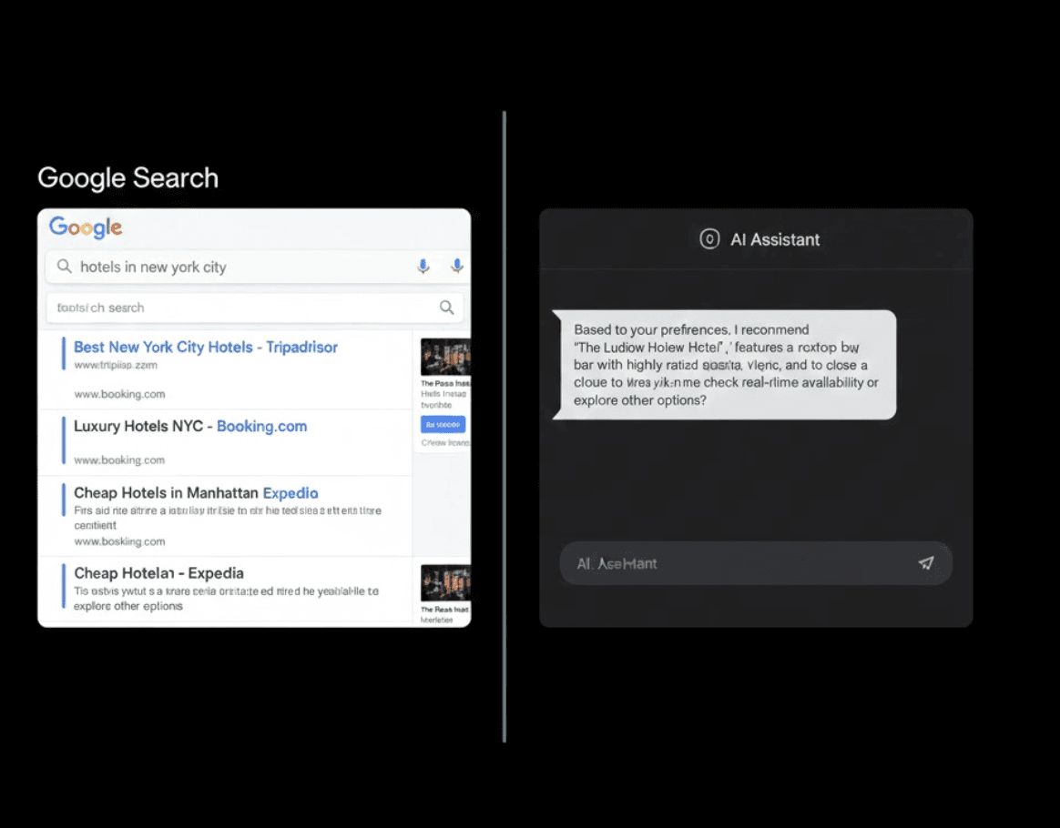 A 16:9 minimalist graphic on a solid black background. A thin, muted blue vertical line divides the screen into two halves. The left side displays a traditional Google Search results interface with blue headlines, green URLs, and gray snippets for hotel listings. The right side displays a modern, clean AI chat interface with a conversational bubble recommending a specific hotel. At the bottom center, the white text reads: 'Where Travelers Find Hotels in 2026
