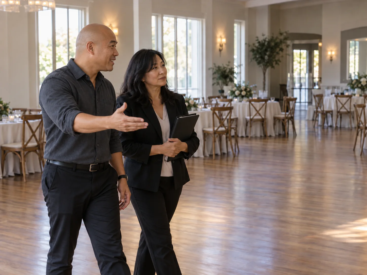 Planning concept featuring (DJ E-swift) Ed discussing a reception setup with a fictional event coordinator.