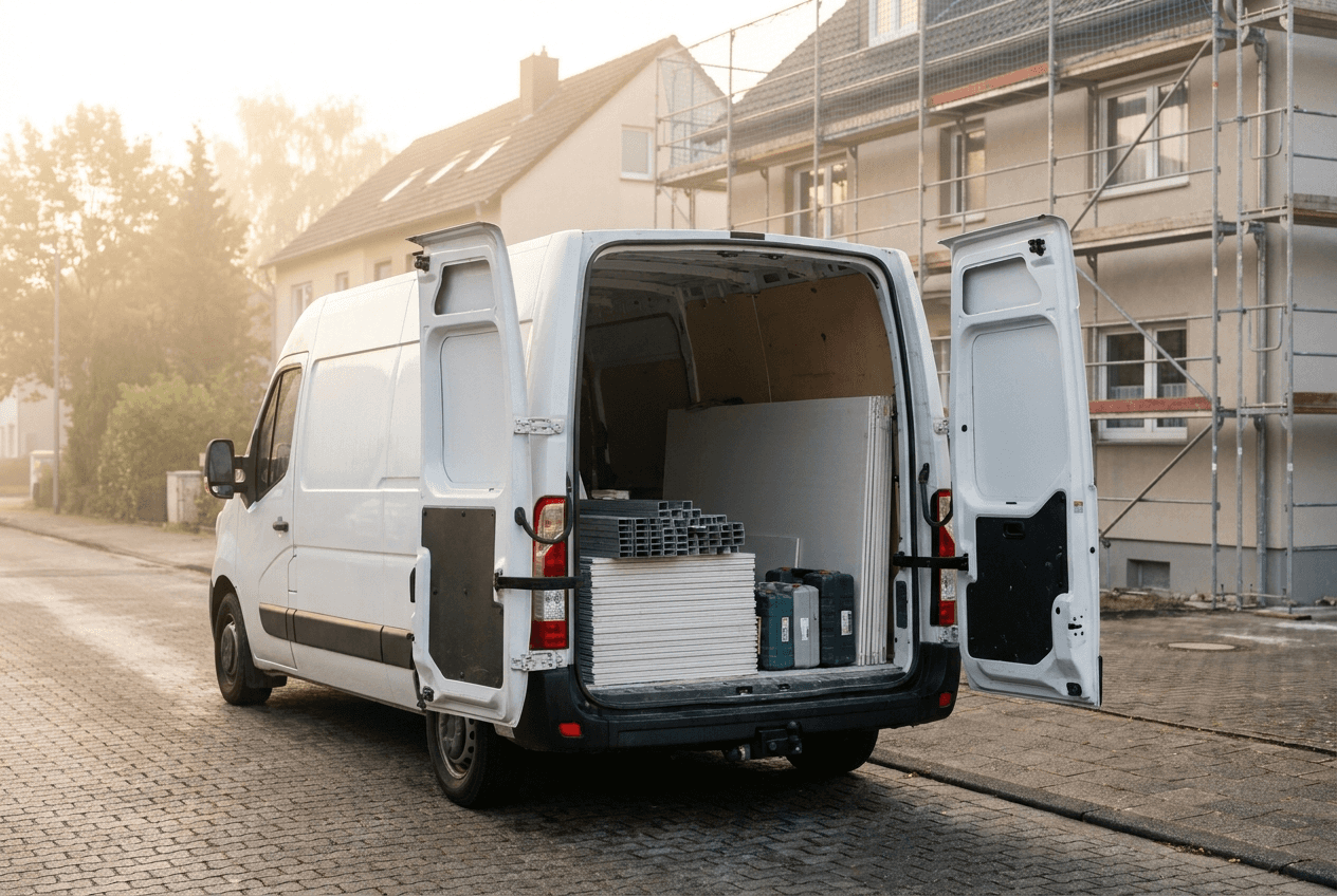 Beladener Transporter vor einer Baustelle
